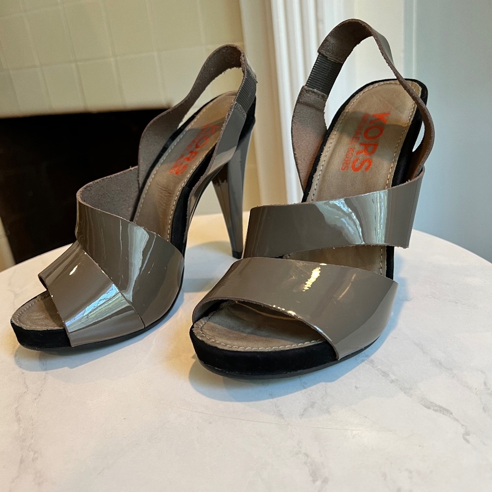 KORS Michael Kors Taupe Patent Slingback Sandals